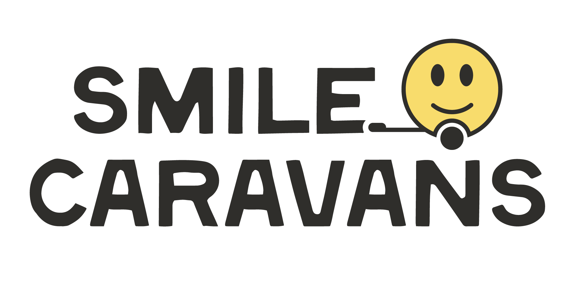 Smile Caravans logo in black letters, with simple icon of smiling caravan in black outline and yellow center