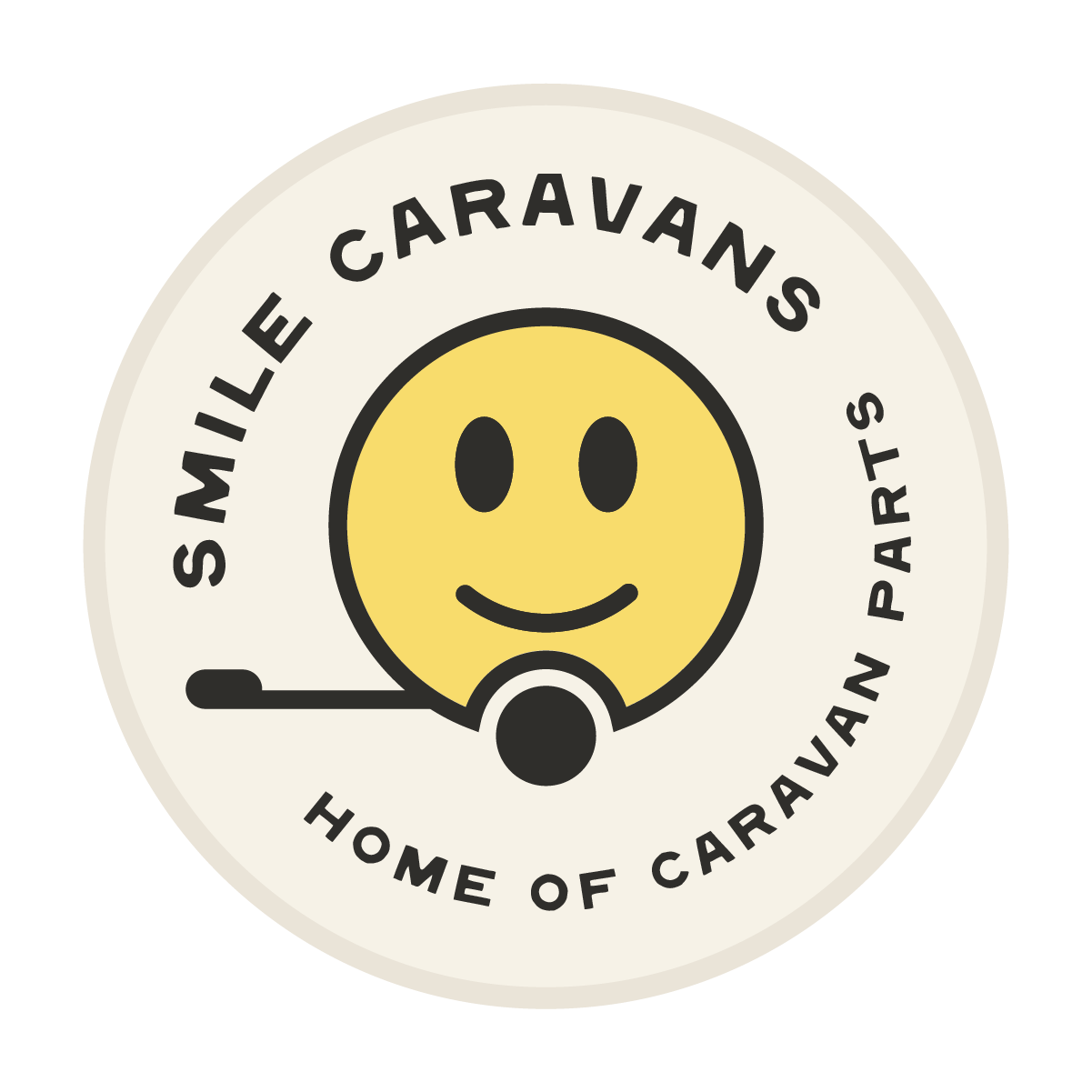 Circle with cream background inside reading 'Smile Caravans home of caravan parts NZ' with yellow and black smiling caravan logo