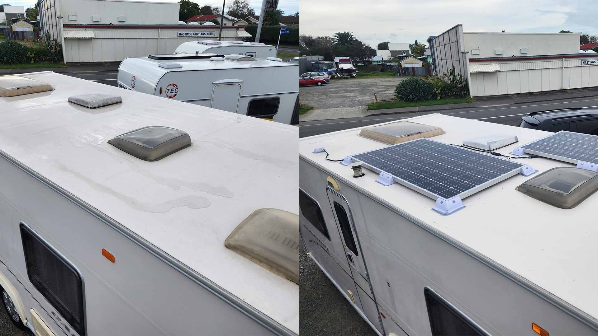 Before and after photo of solar panel install at Smile Caravans shop in Hawkes Bay