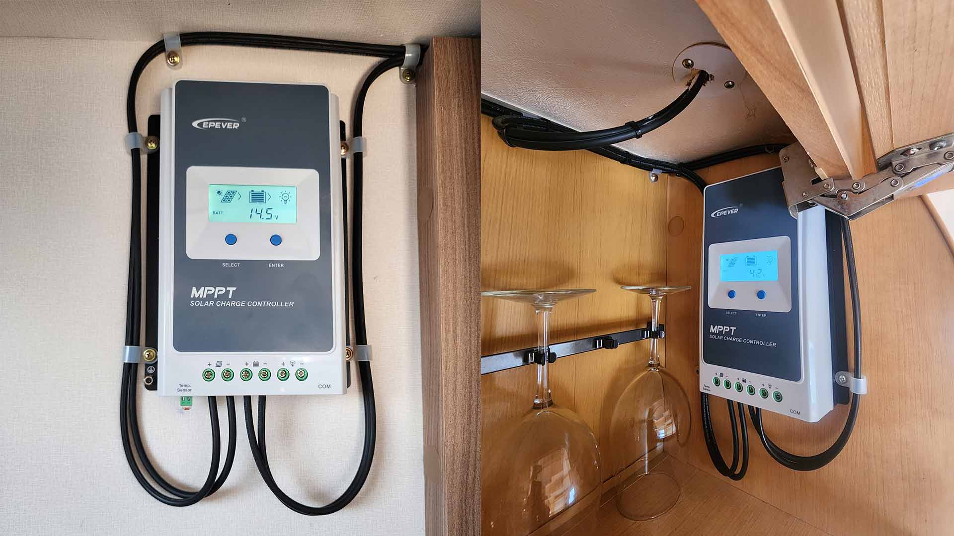 Solar controllers for solar panels installed inside caravan cupboards by Smile Caravans