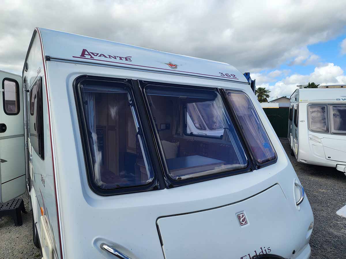 Avante caravan parked at Smile Caravans Hawkes Bay depot with new window replaced